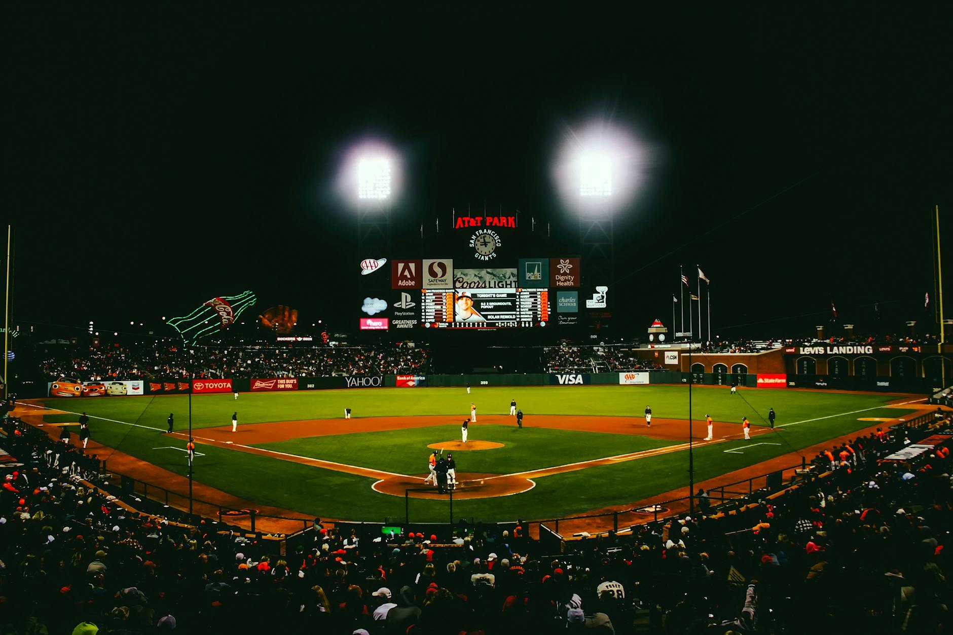 A wide view of a professional baseball field prepared for game play.